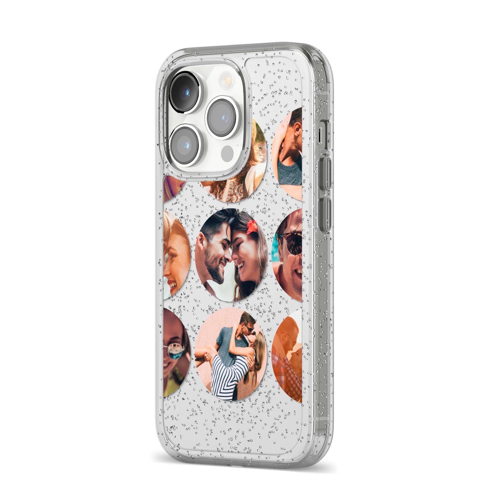 Circular Photo Montage Upload iPhone 14 Pro Glitter Tough Case Silver Angled Image