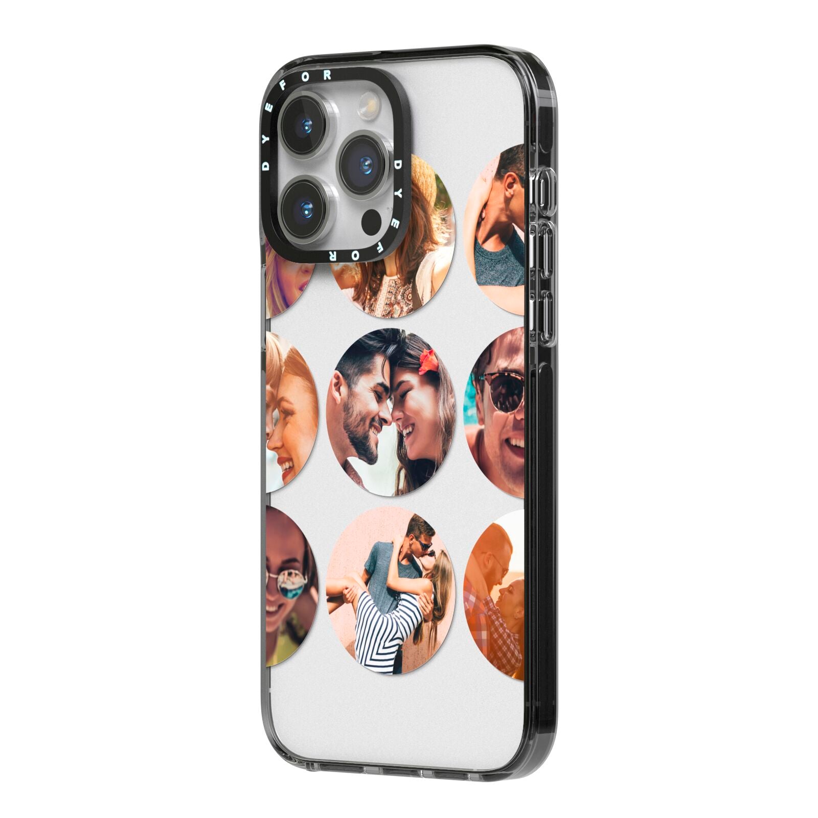 Circular Photo Montage Upload iPhone 14 Pro Max Black Impact Case Side Angle on Silver phone