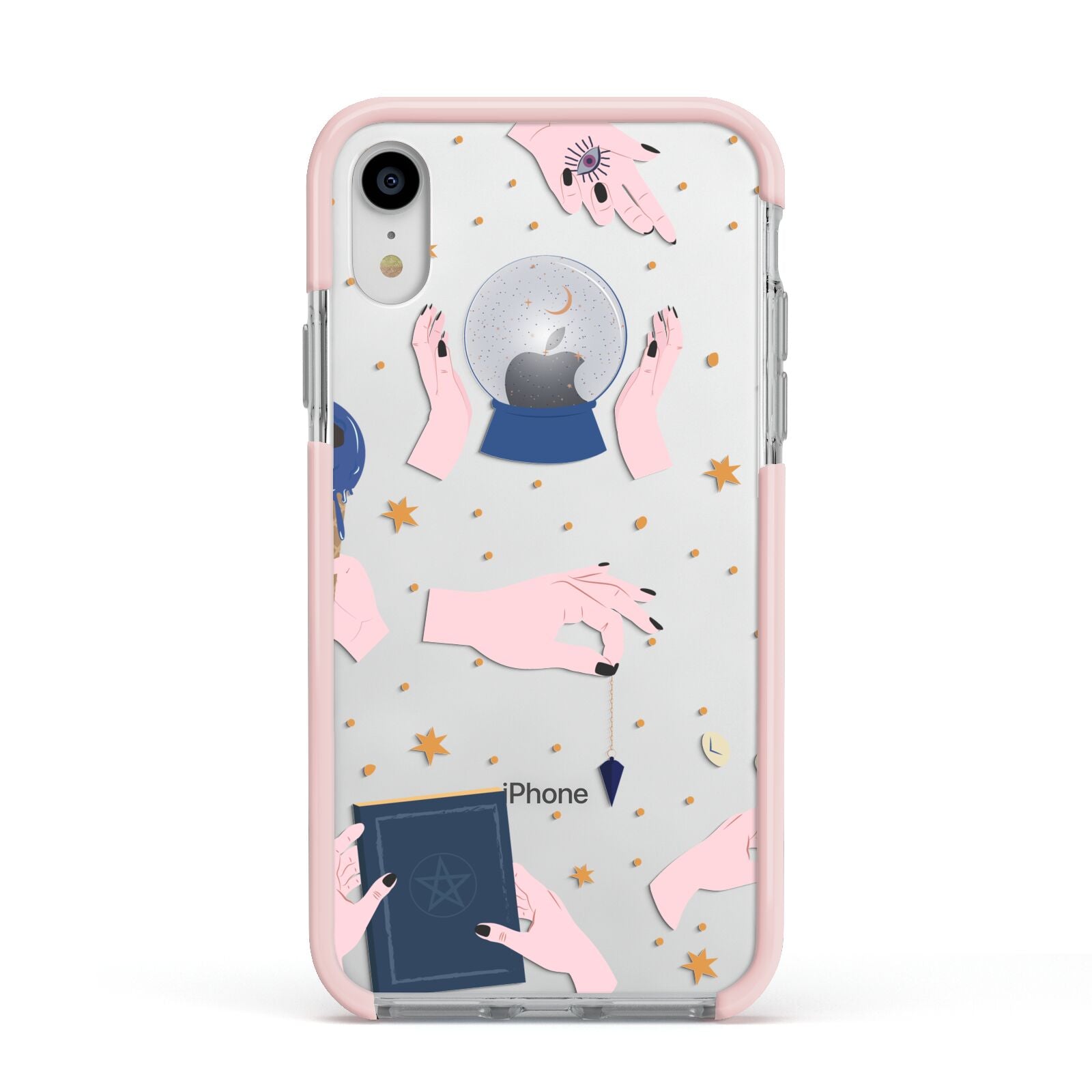 Clairvoyant Witches Hands Apple iPhone XR Impact Case Pink Edge on Silver Phone