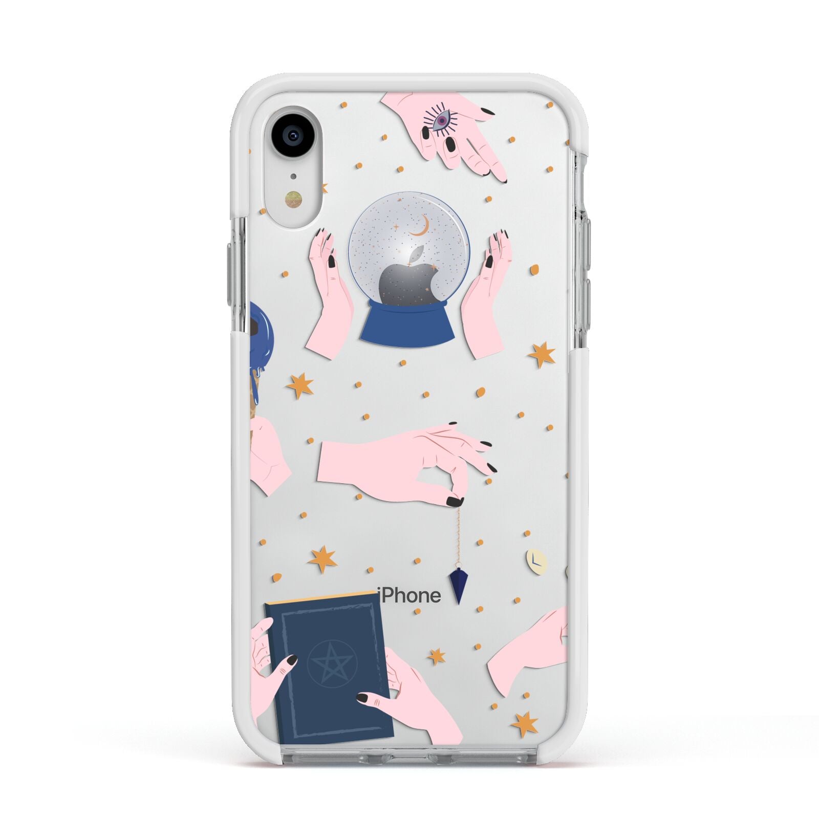 Clairvoyant Witches Hands Apple iPhone XR Impact Case White Edge on Silver Phone