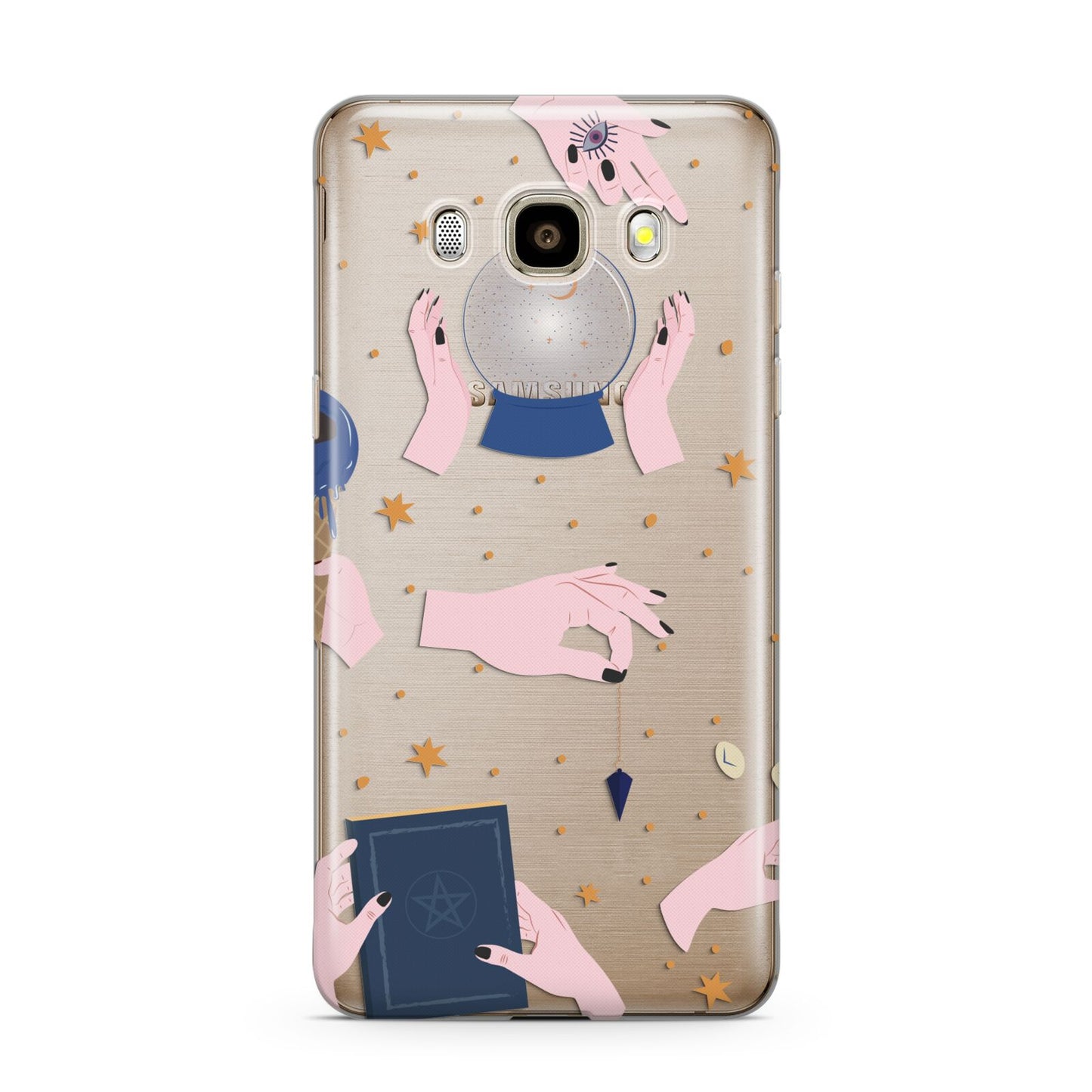 Clairvoyant Witches Hands Samsung Galaxy J7 2016 Case on gold phone