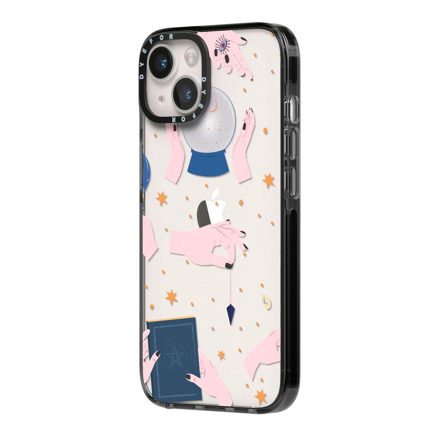 Clairvoyant Witches Hands iPhone 14 Black Impact Case Side Angle on Silver phone