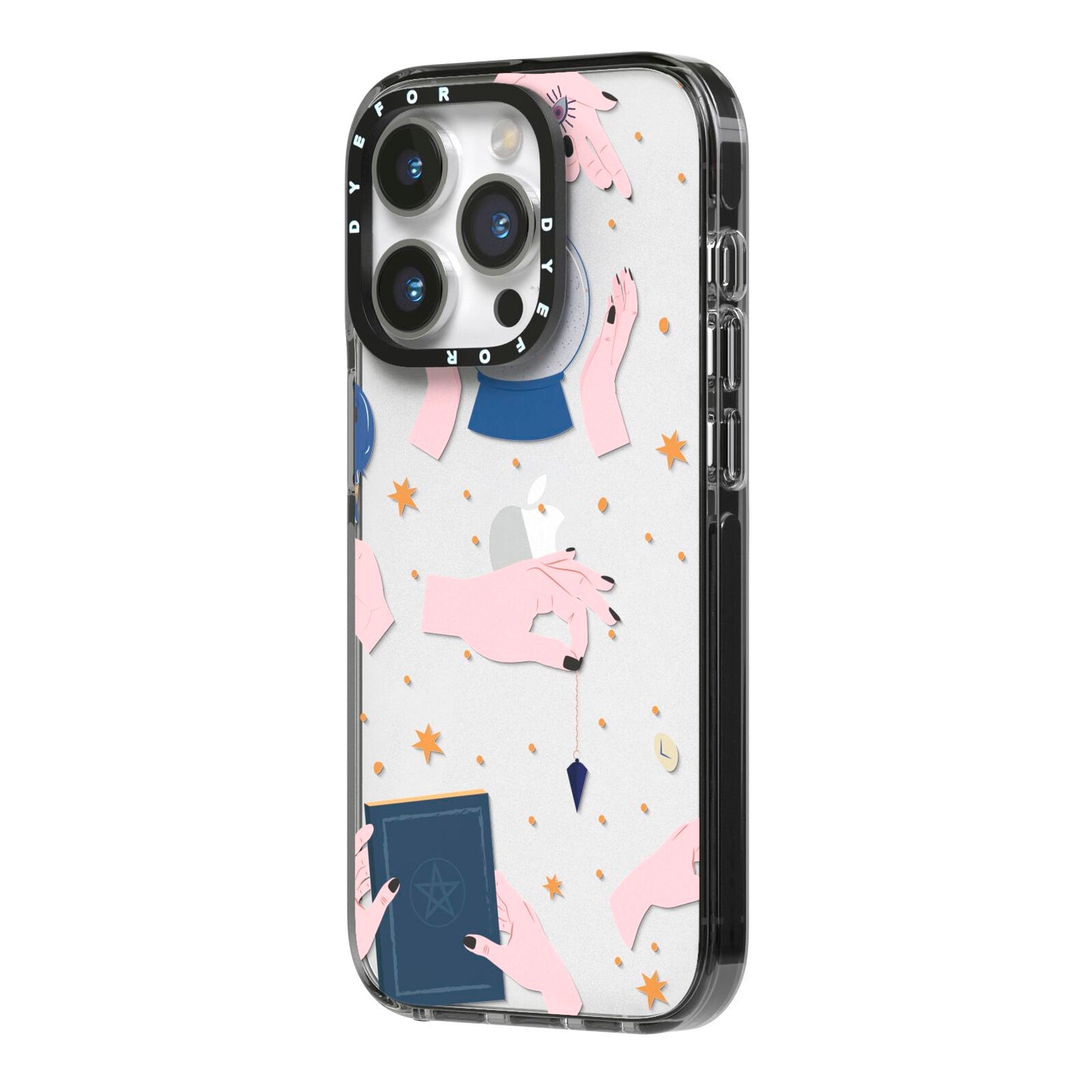 Clairvoyant Witches Hands iPhone 14 Pro Black Impact Case Side Angle on Silver phone