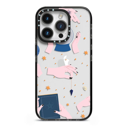 Clairvoyant Witches Hands iPhone 14 Pro Black Impact Case on Silver phone
