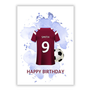 Claret and Blue Football Shirt Personalised Greetings Card