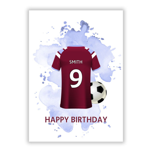 Claret and Blue Football Shirt Personalised A5 Flat Greetings Card
