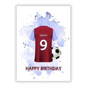 Claret and Blue Personalised Football Shirt Greetings Card