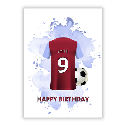 Claret and Blue Personalised Football Shirt A5 Flat Greetings Card