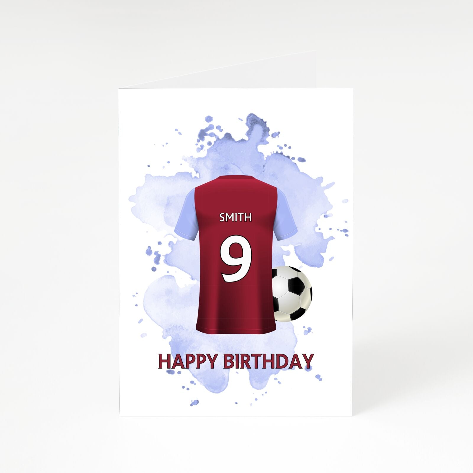 Claret and Blue Personalised Football Shirt A5 Greetings Card