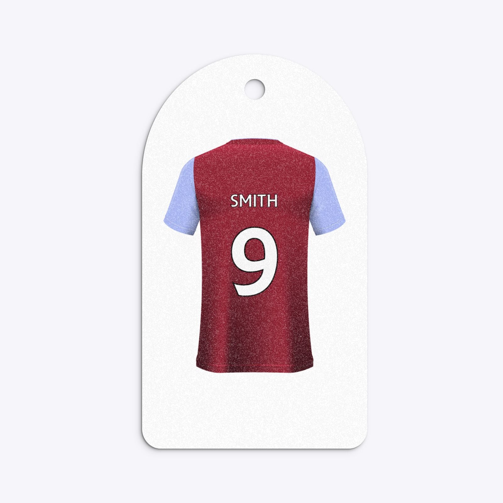 Claret and Blue Personalised Football Shirt Arched Rectangle Glitter Gift Tag