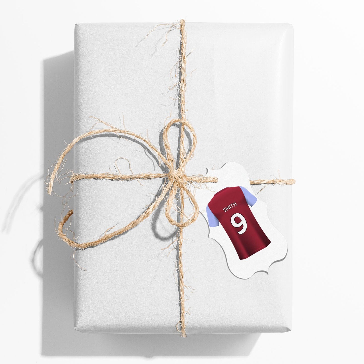 Claret and Blue Personalised Football Shirt Bracket Gift Tag on Present