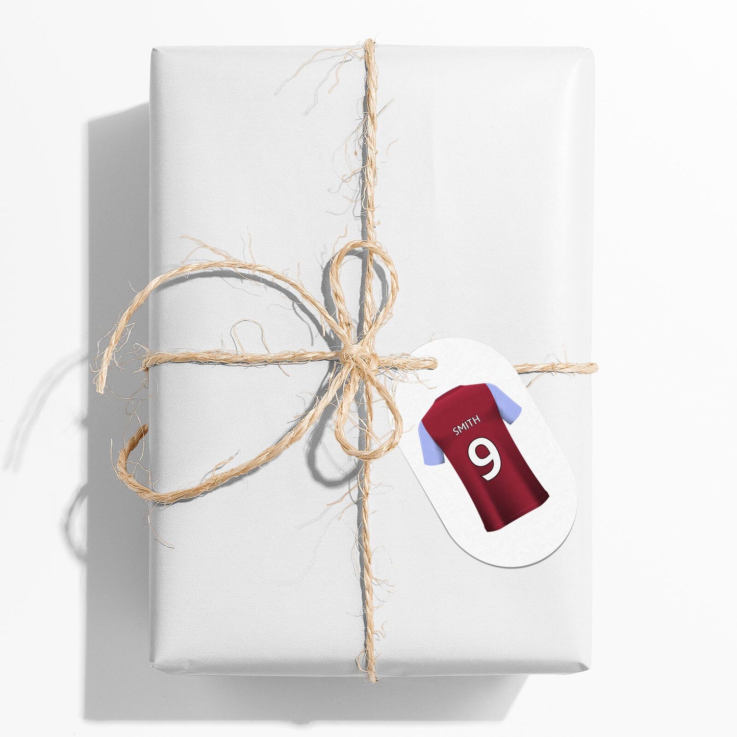 Claret and Blue Personalised Football Shirt Flat Edge Oval Gift Tag on Present