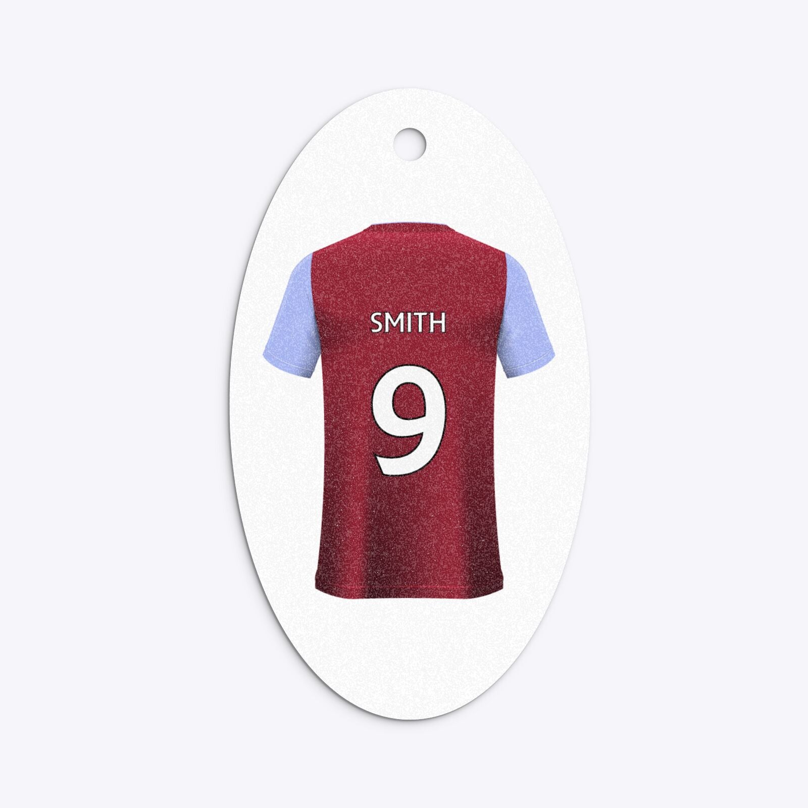 Claret and Blue Personalised Football Shirt Oval Glitter Gift Tag