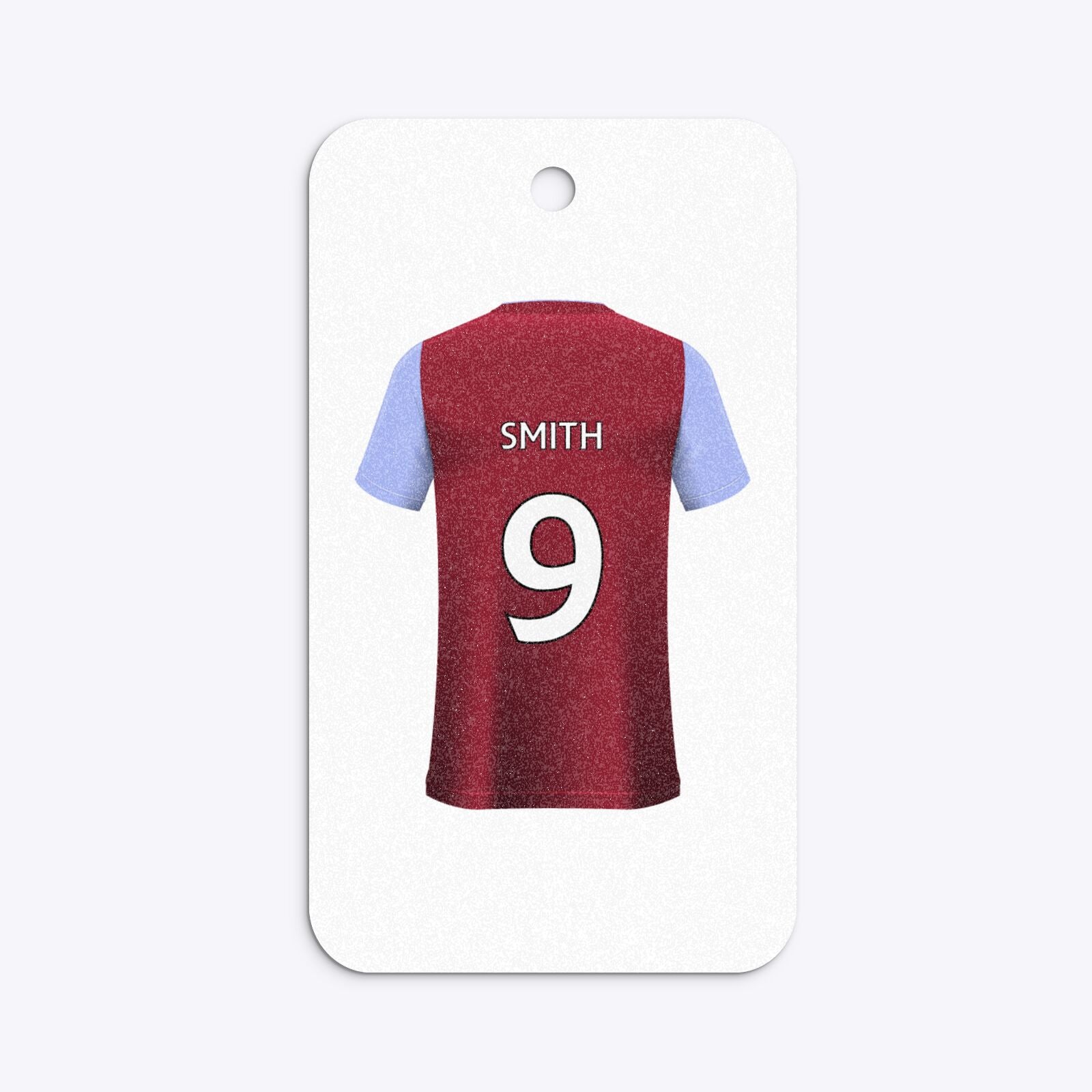 Claret and Blue Personalised Football Shirt Rounded Rectangle Glitter Gift Tag