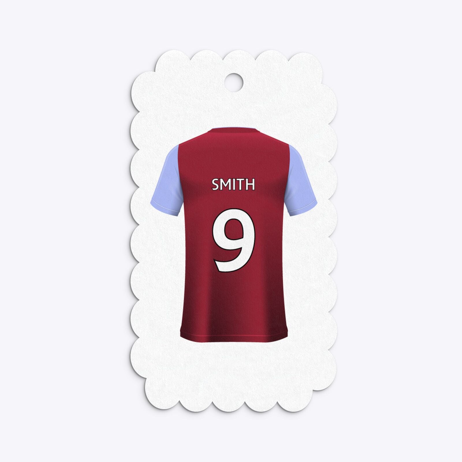 Claret and Blue Personalised Football Shirt Scalloped Gift Tag