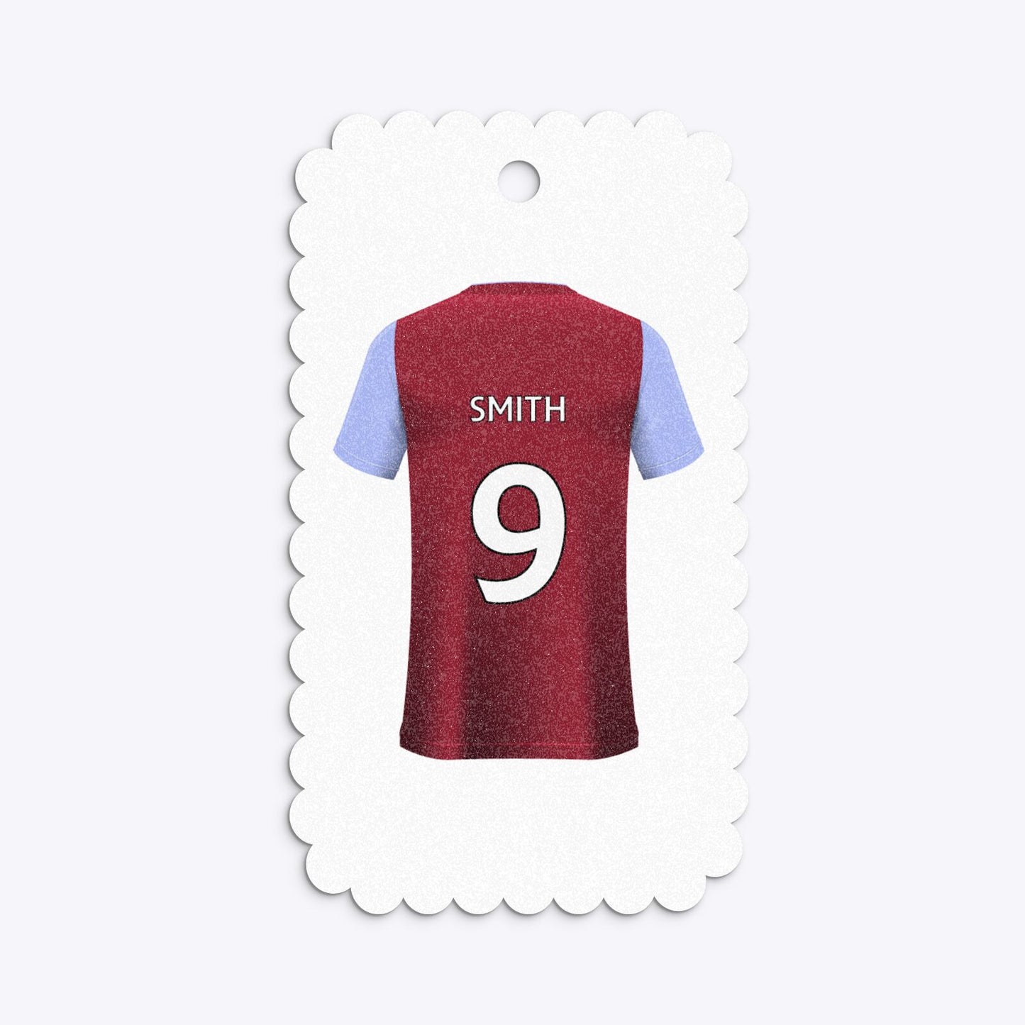 Claret and Blue Personalised Football Shirt Small Scalloped Glitter Gift Tag