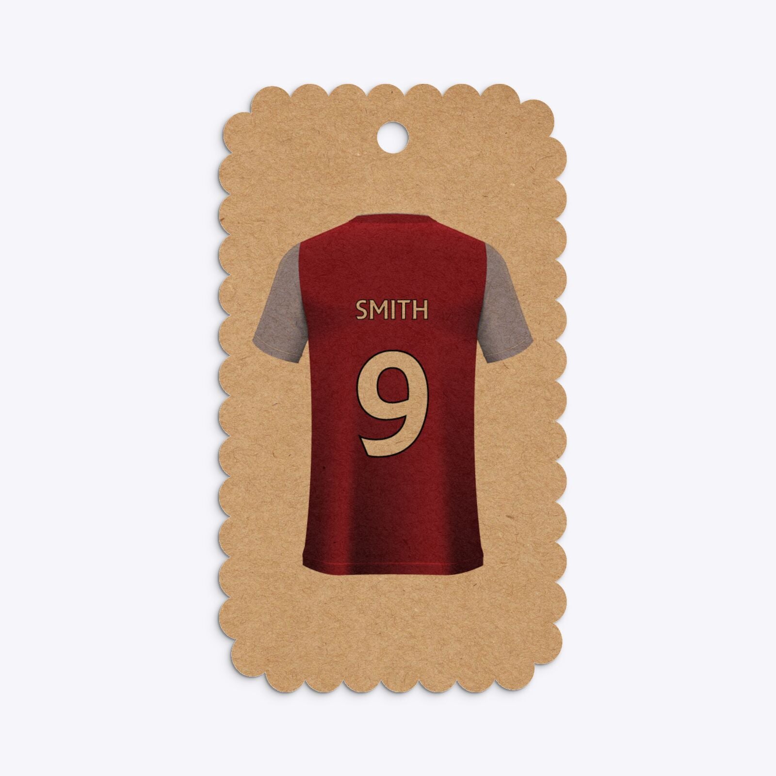 Claret and Blue Personalised Football Shirt Small Scalloped Kraft Gift Tag