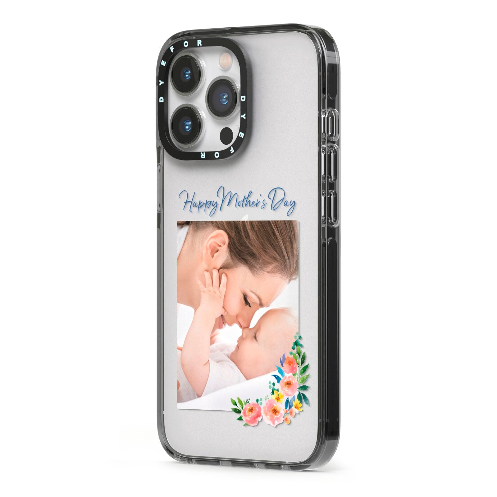 Classic Mothers Day iPhone 13 Pro Black Impact Case Side Angle on Silver phone