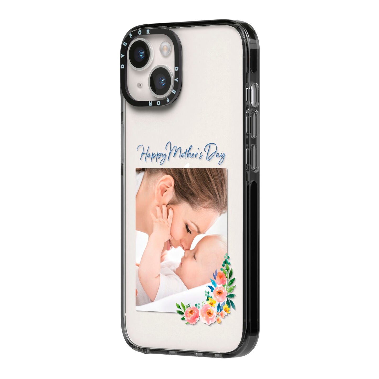 Classic Mothers Day iPhone 14 Black Impact Case Side Angle on Silver phone