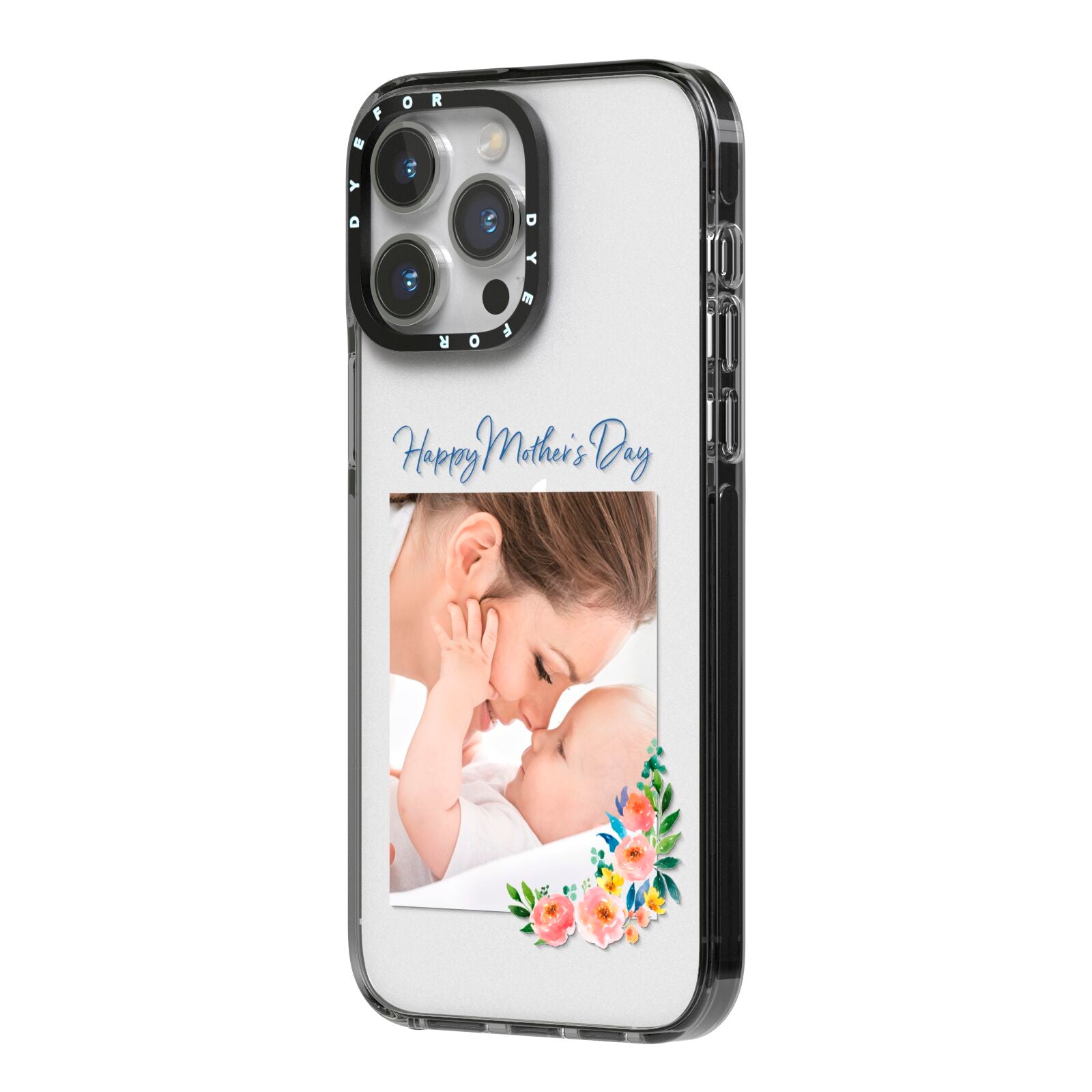 Classic Mothers Day iPhone 14 Pro Max Black Impact Case Side Angle on Silver phone