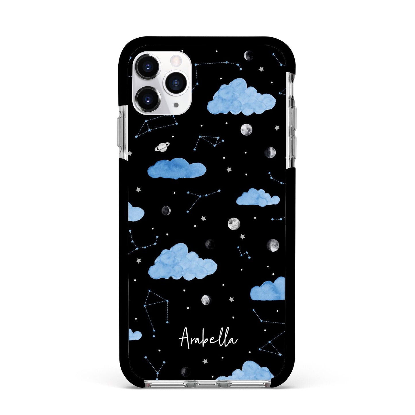 Cloudy Night Sky with Name Apple iPhone 11 Pro Max in Silver with Black Impact Case