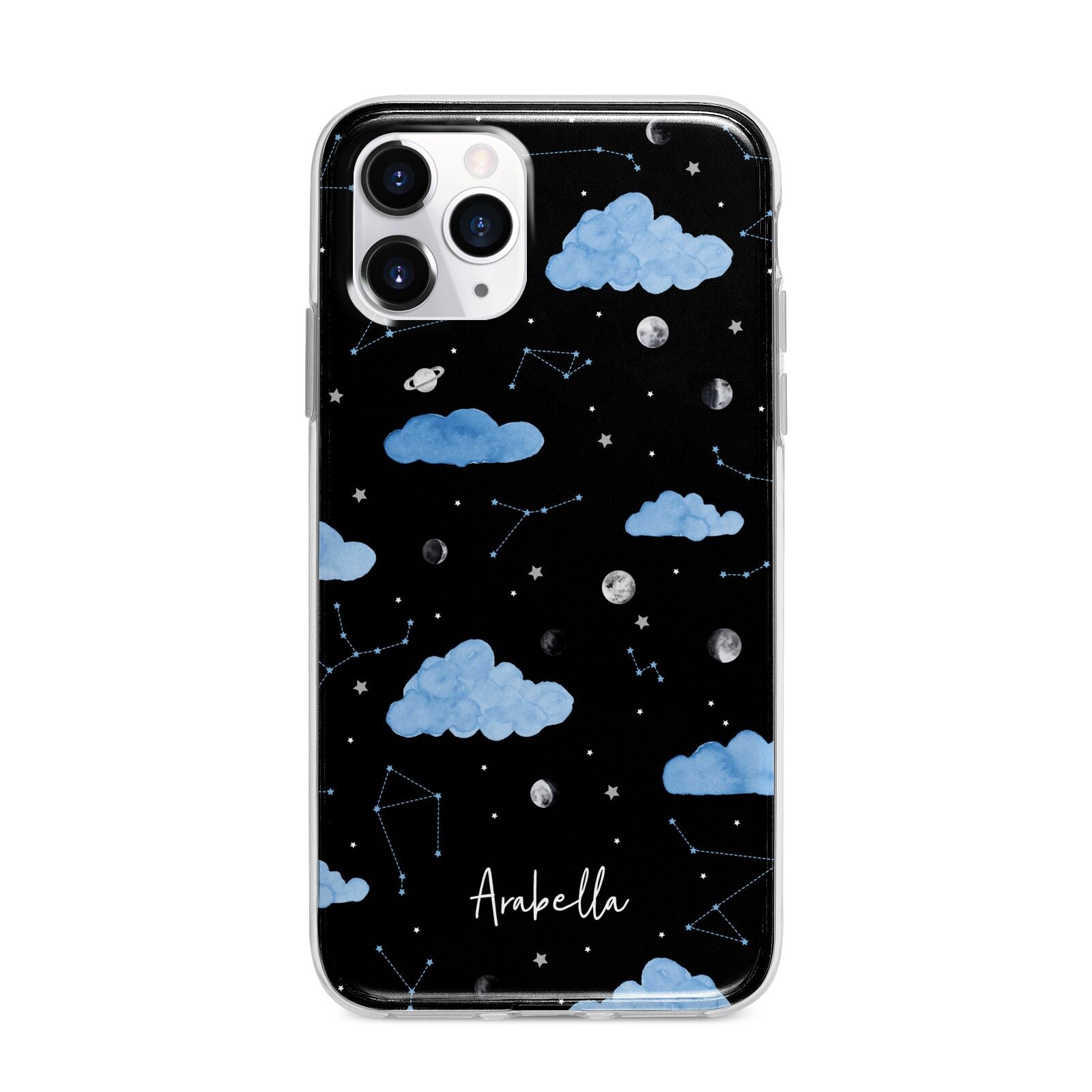 Cloudy Night Sky with Name Apple iPhone 11 Pro Max in Silver with Bumper Case
