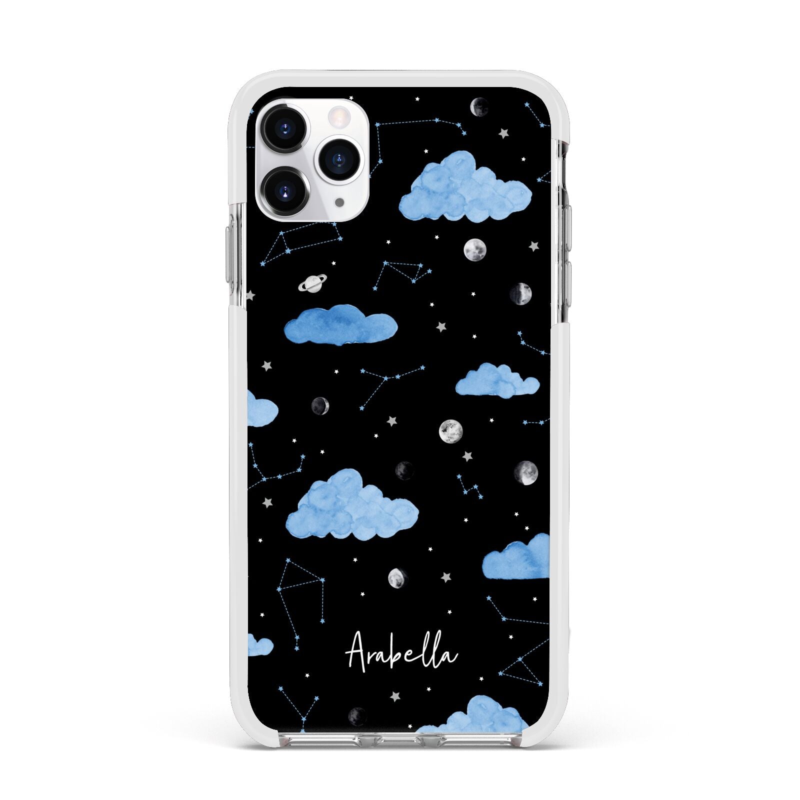 Cloudy Night Sky with Name Apple iPhone 11 Pro Max in Silver with White Impact Case