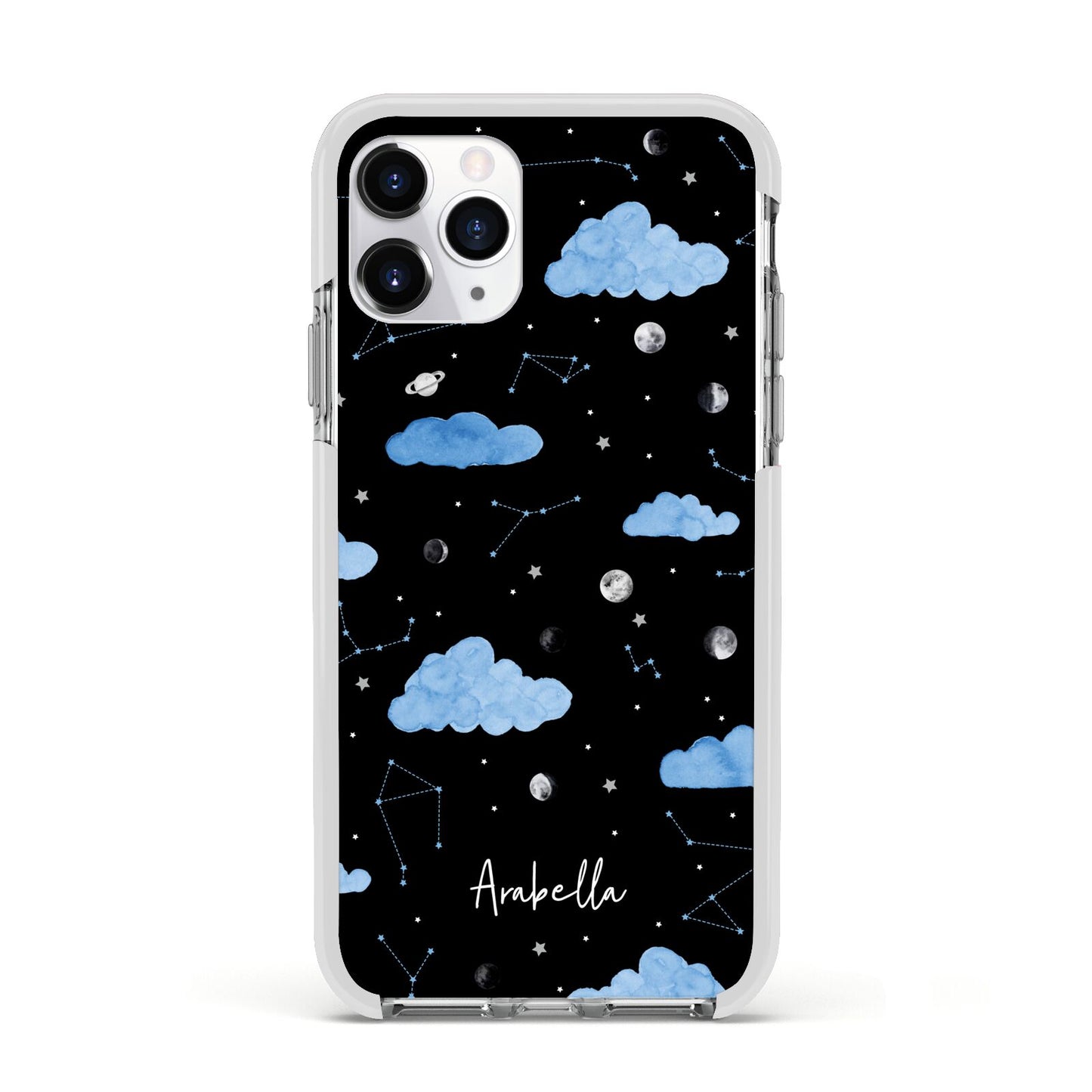 Cloudy Night Sky with Name Apple iPhone 11 Pro in Silver with White Impact Case