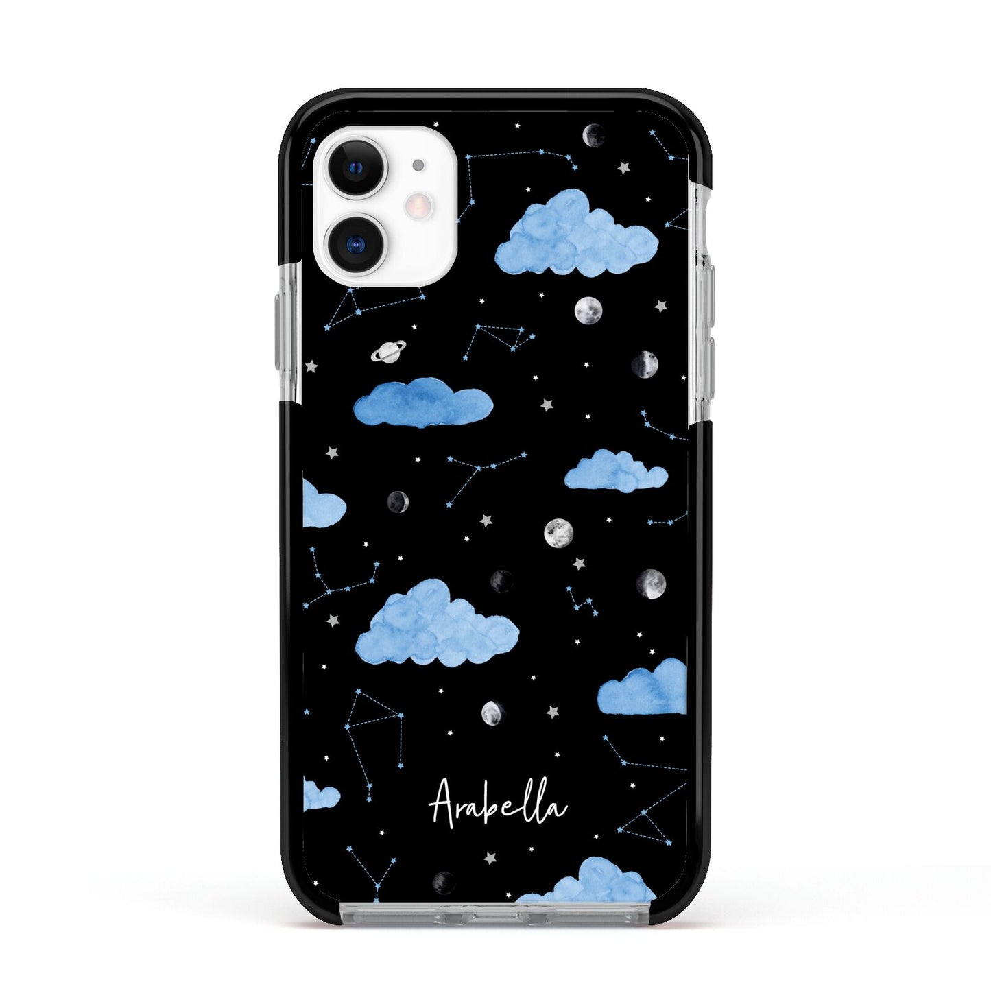 Cloudy Night Sky with Name Apple iPhone 11 in White with Black Impact Case