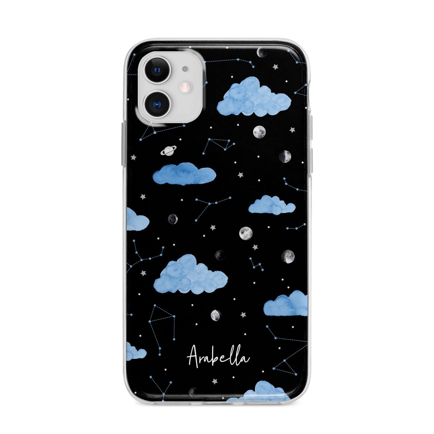 Cloudy Night Sky with Name Apple iPhone 11 in White with Bumper Case