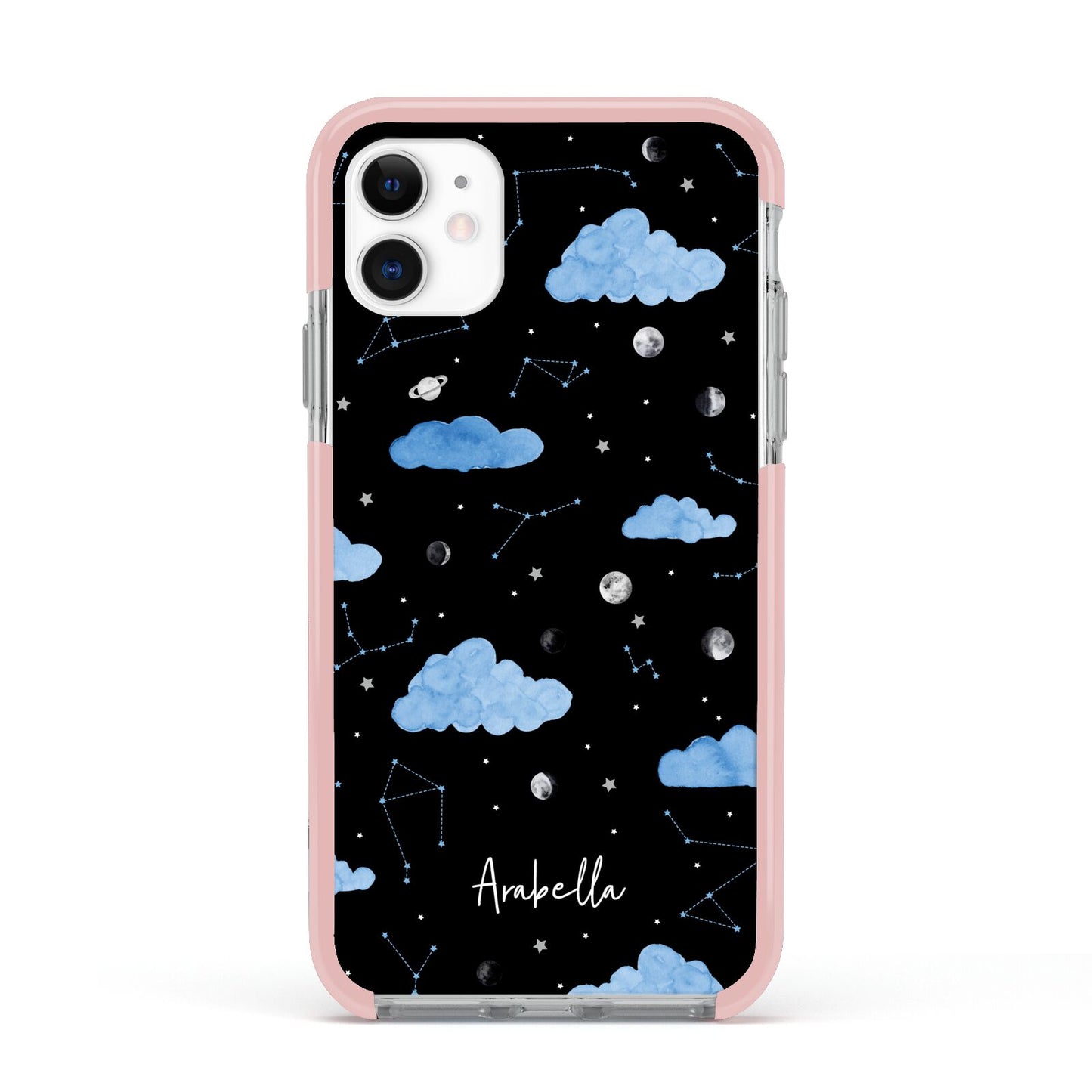 Cloudy Night Sky with Name Apple iPhone 11 in White with Pink Impact Case