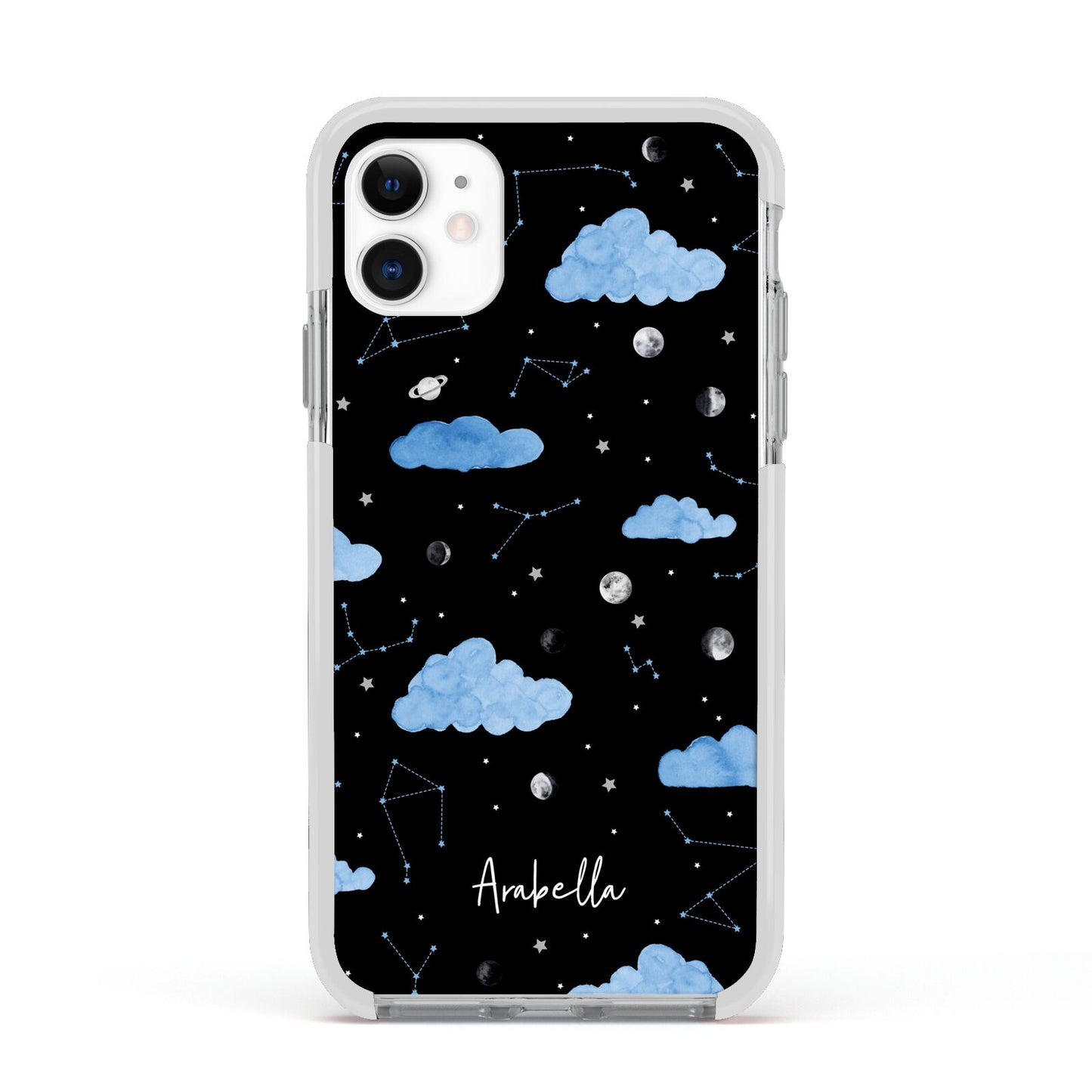 Cloudy Night Sky with Name Apple iPhone 11 in White with White Impact Case