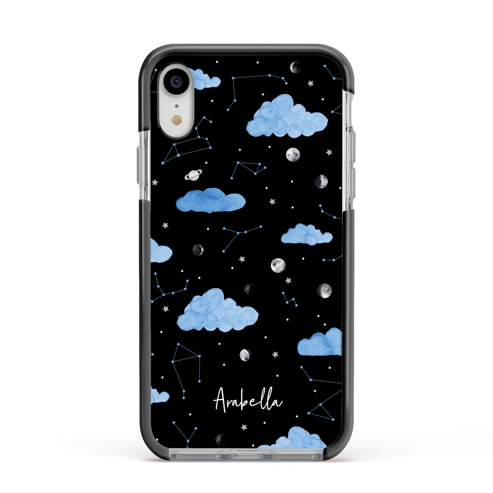 Cloudy Night Sky with Name Apple iPhone XR Impact Case Black Edge on Silver Phone