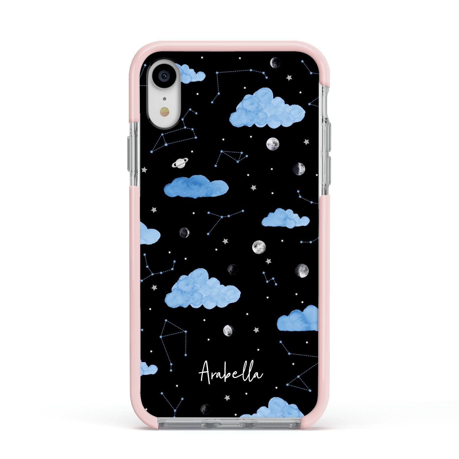 Cloudy Night Sky with Name Apple iPhone XR Impact Case Pink Edge on Silver Phone