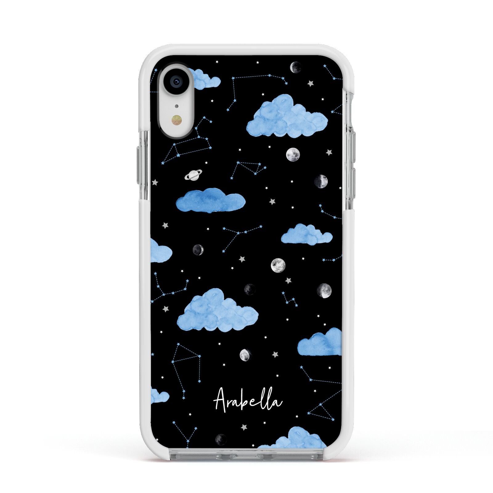 Cloudy Night Sky with Name Apple iPhone XR Impact Case White Edge on Silver Phone