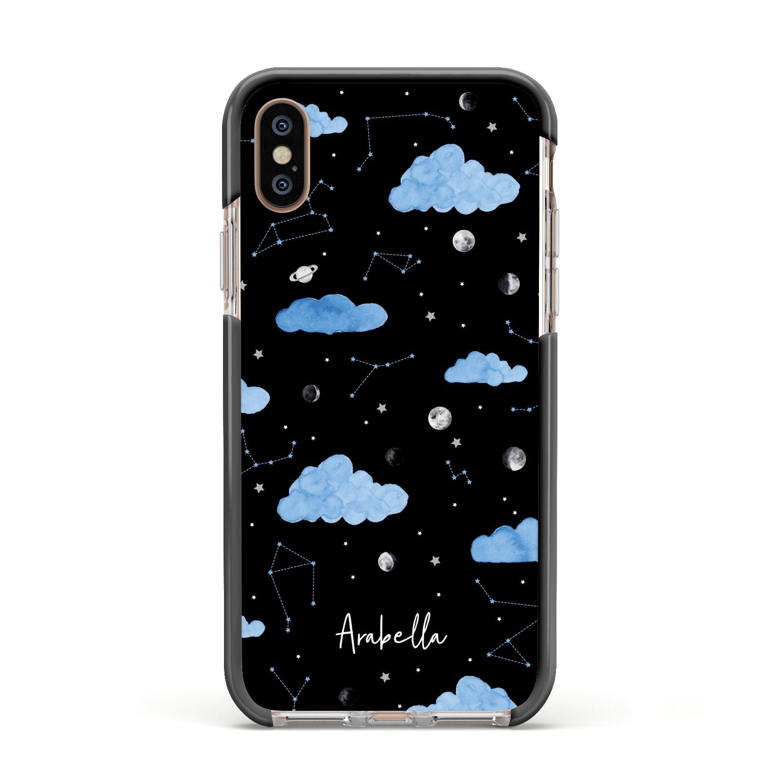 Cloudy Night Sky with Name Apple iPhone Xs Impact Case Black Edge on Gold Phone