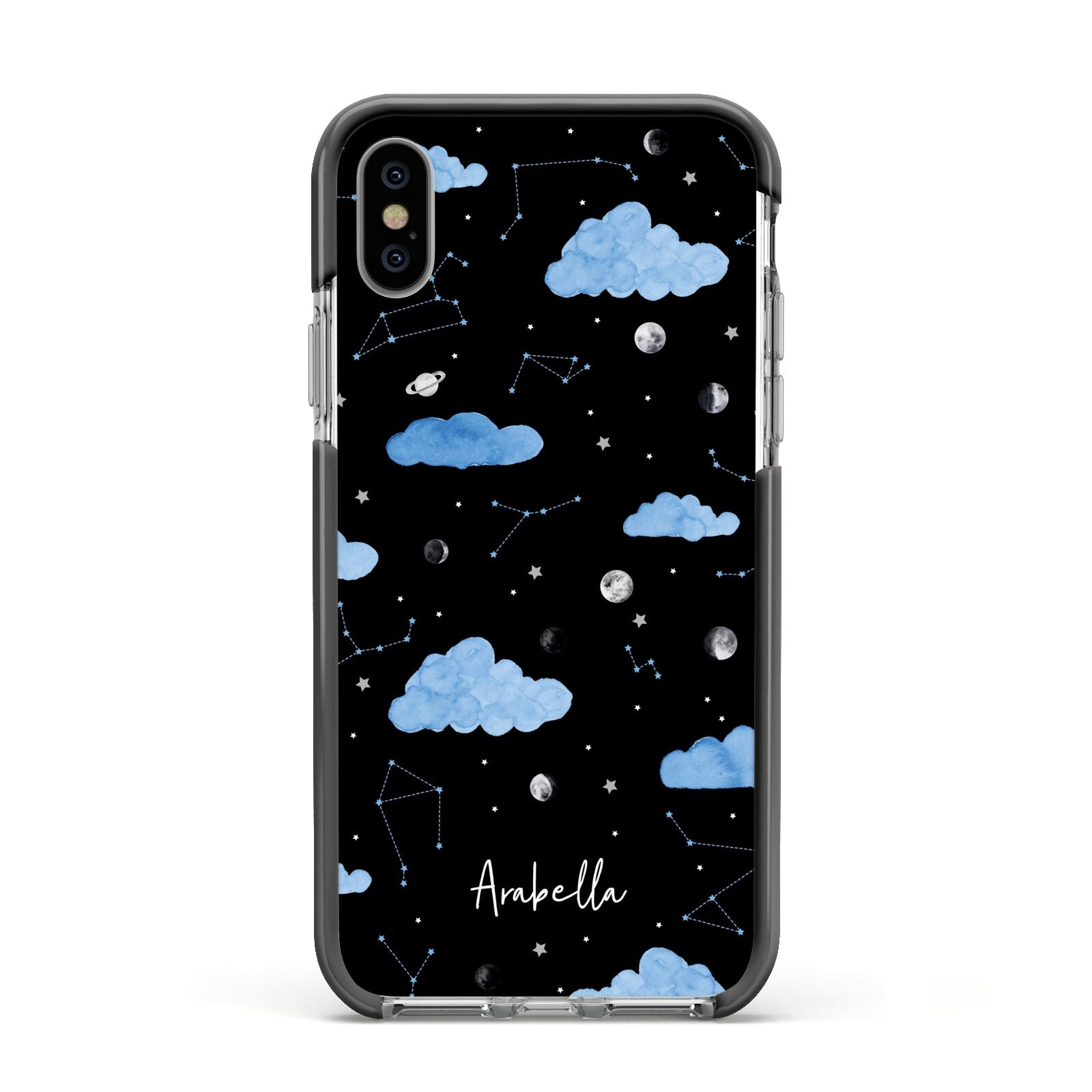 Cloudy Night Sky with Name Apple iPhone Xs Impact Case Black Edge on Silver Phone