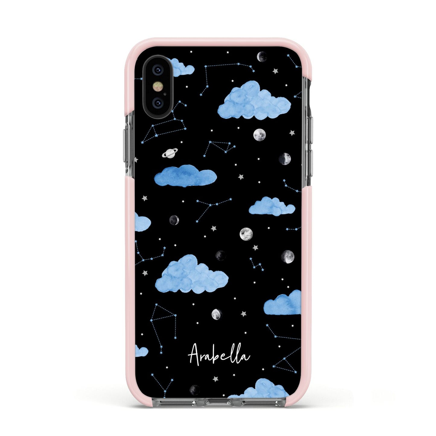 Cloudy Night Sky with Name Apple iPhone Xs Impact Case Pink Edge on Black Phone