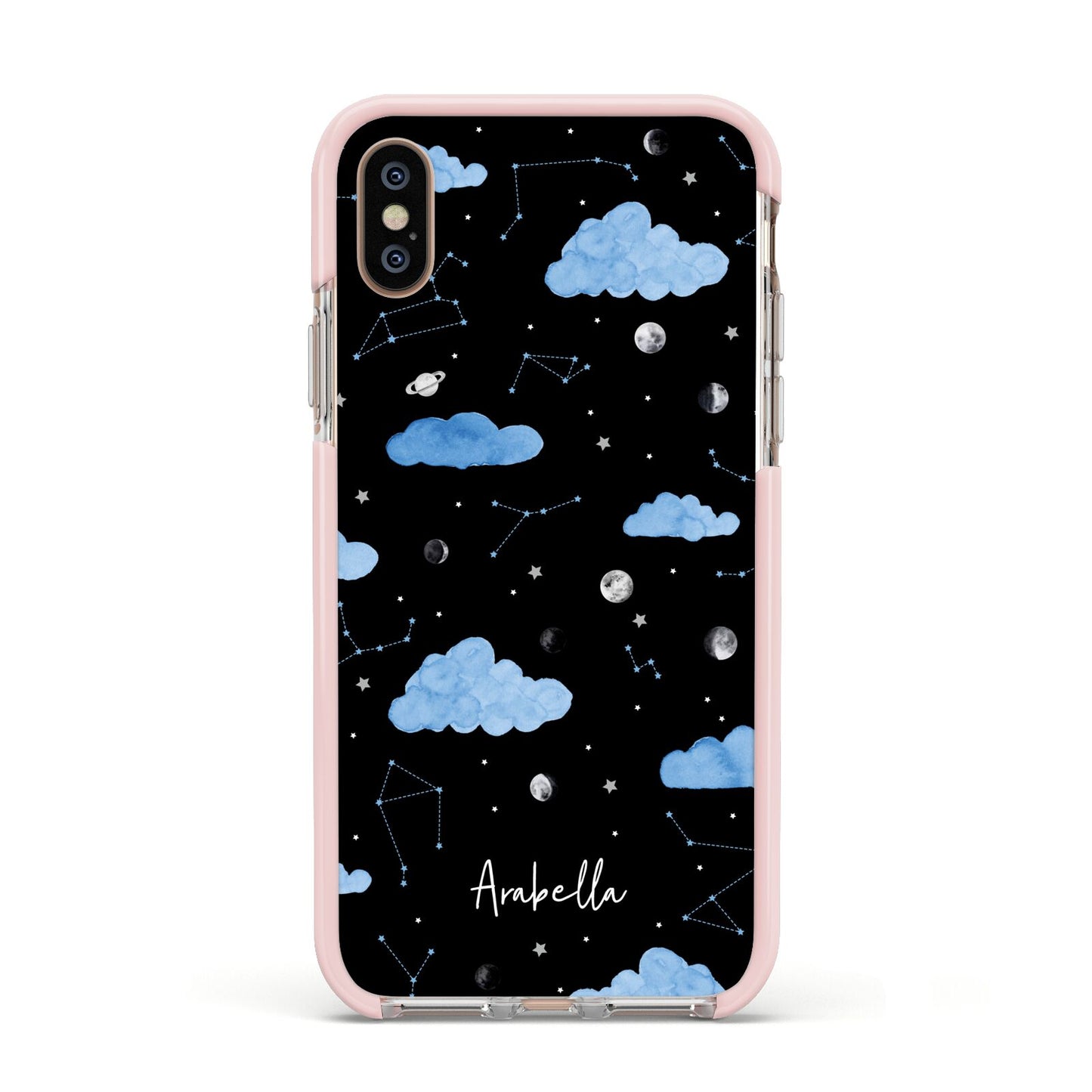 Cloudy Night Sky with Name Apple iPhone Xs Impact Case Pink Edge on Gold Phone