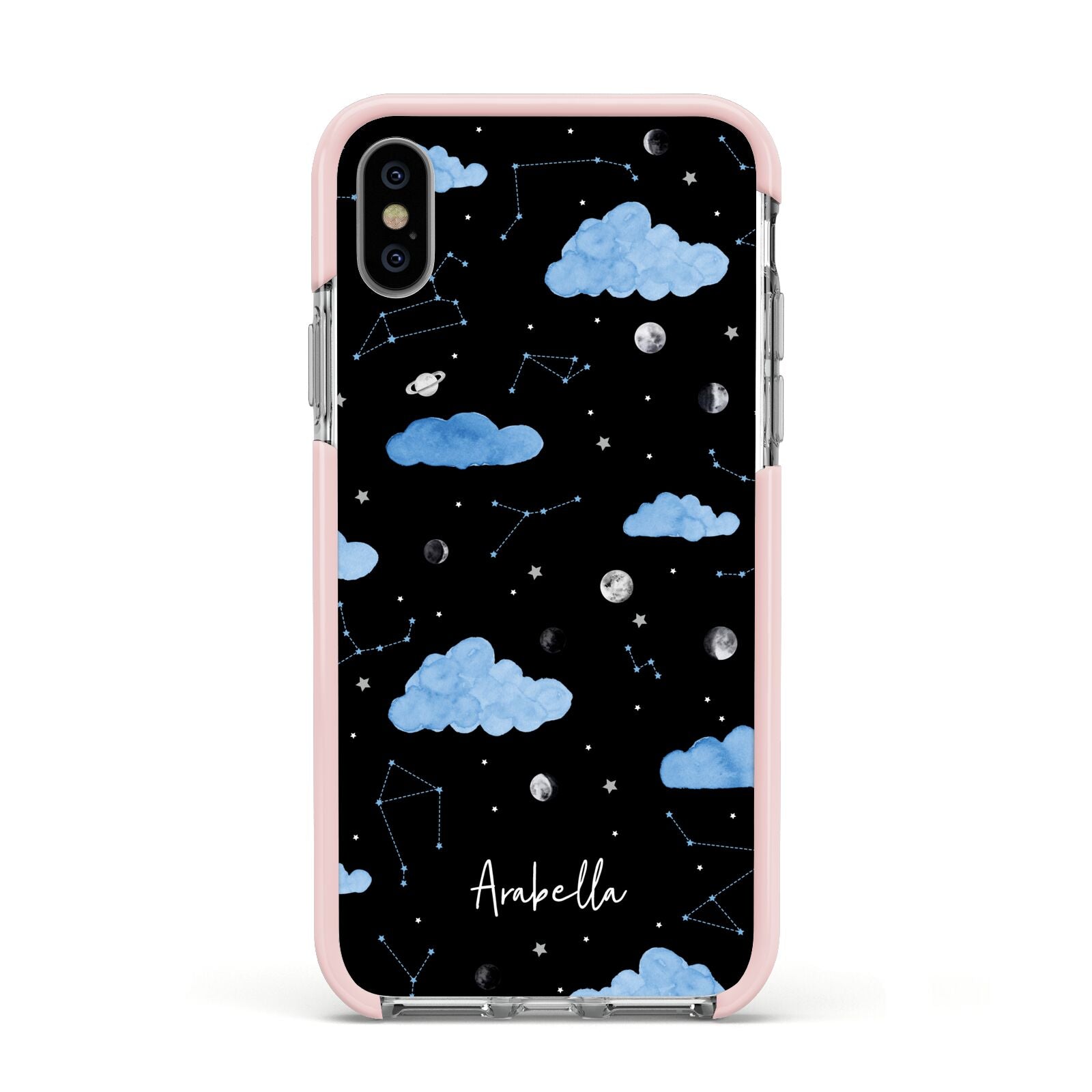 Cloudy Night Sky with Name Apple iPhone Xs Impact Case Pink Edge on Silver Phone