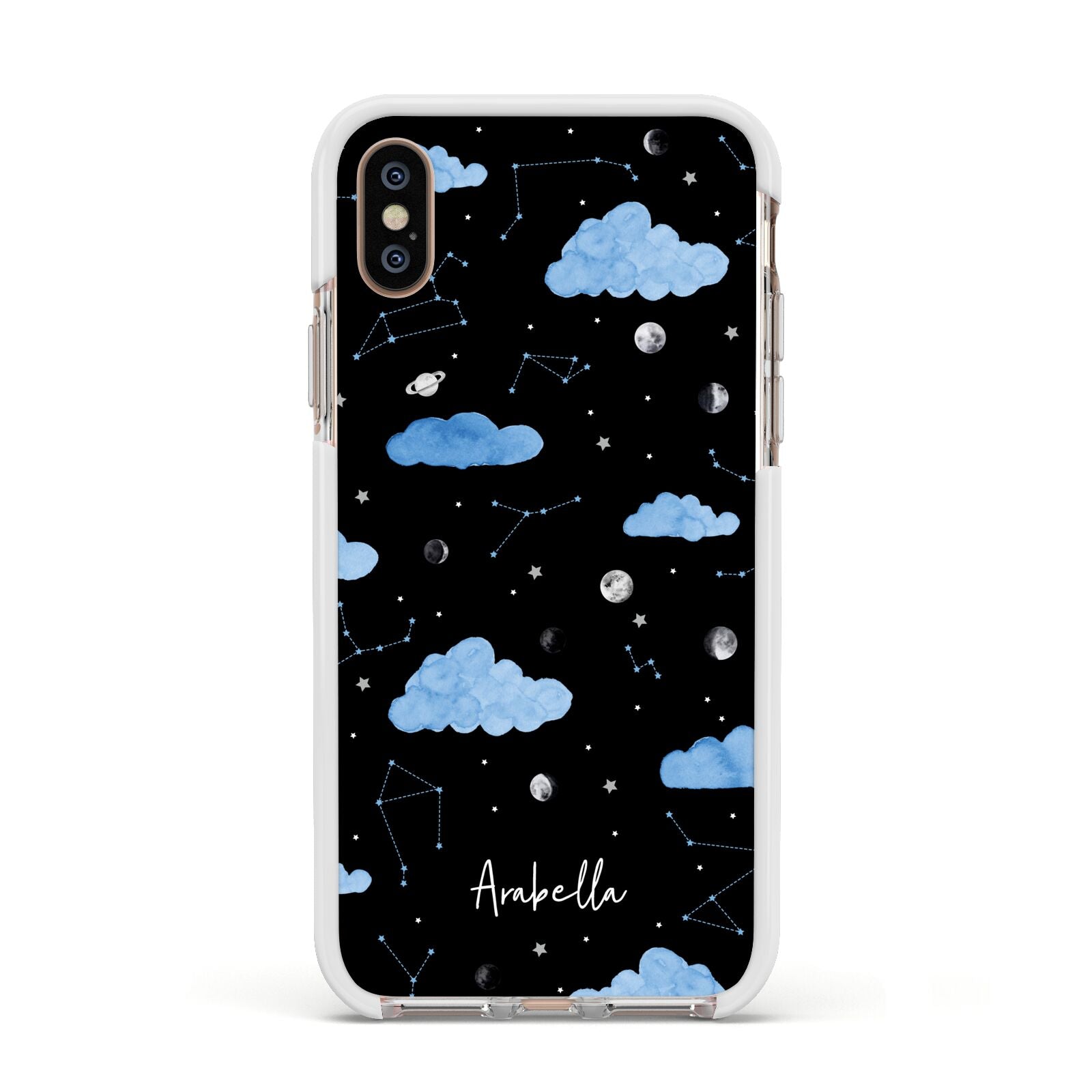 Cloudy Night Sky with Name Apple iPhone Xs Impact Case White Edge on Gold Phone