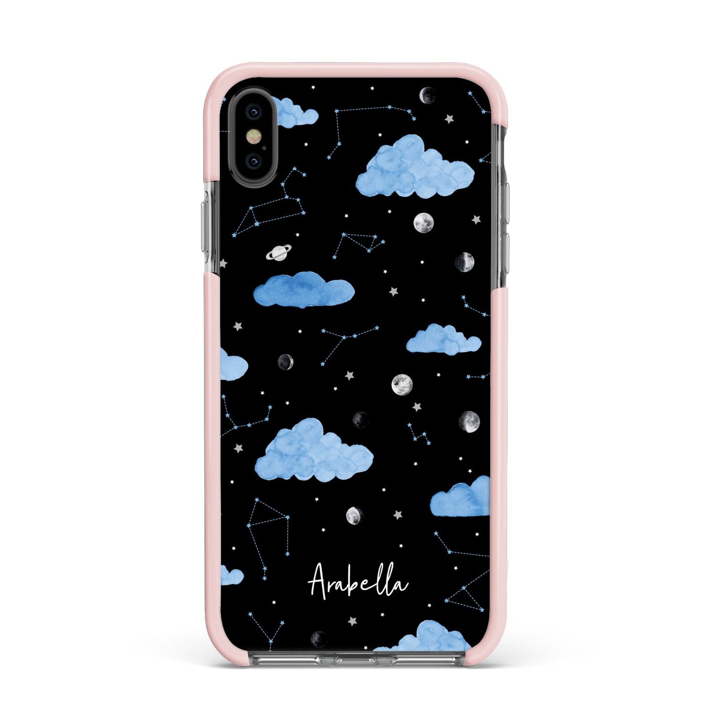 Cloudy Night Sky with Name Apple iPhone Xs Max Impact Case Pink Edge on Black Phone