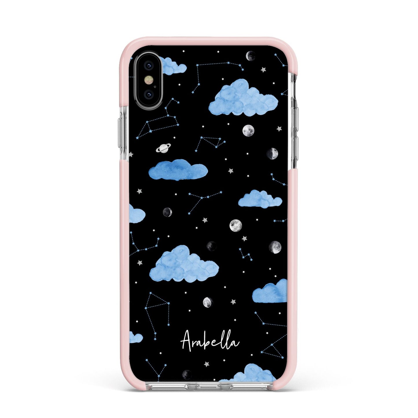 Cloudy Night Sky with Name Apple iPhone Xs Max Impact Case Pink Edge on Silver Phone