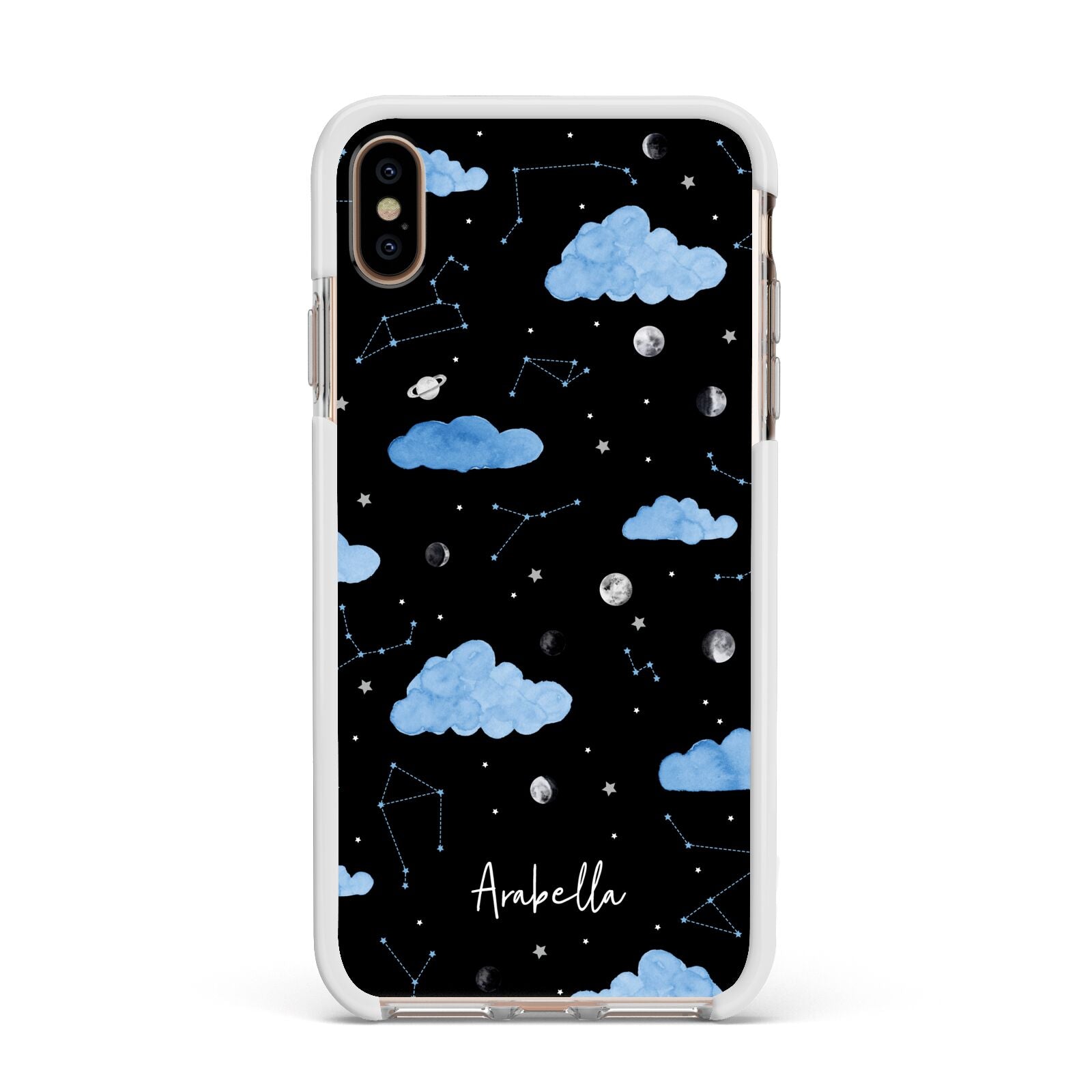 Cloudy Night Sky with Name Apple iPhone Xs Max Impact Case White Edge on Gold Phone