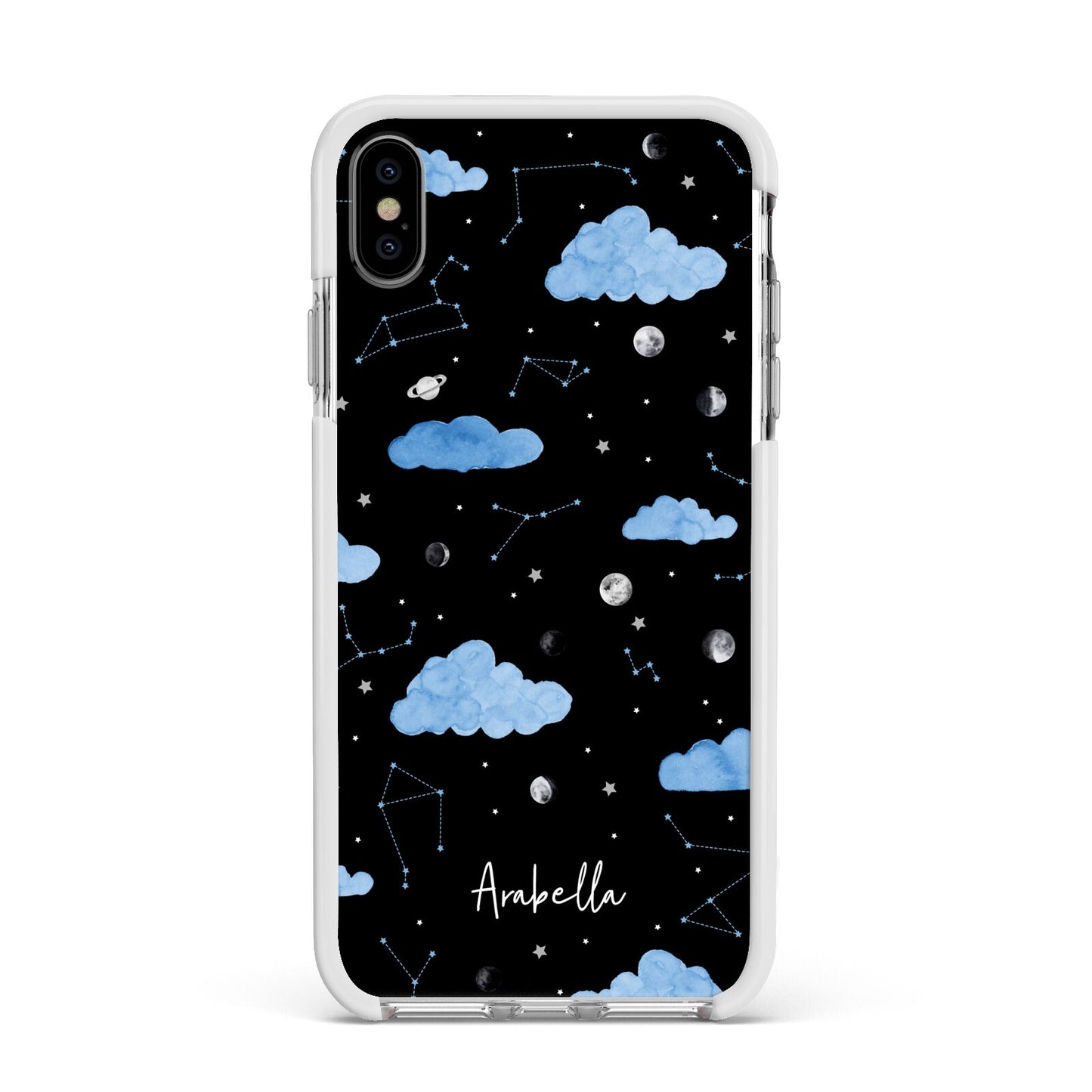 Cloudy Night Sky with Name Apple iPhone Xs Max Impact Case White Edge on Silver Phone