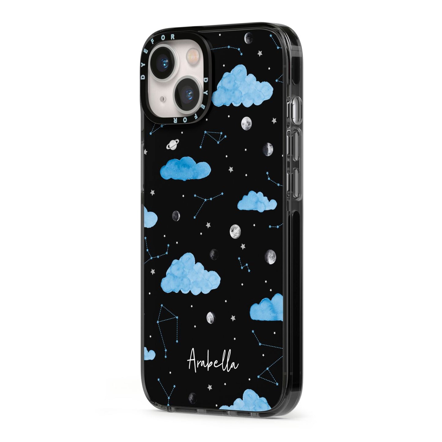Cloudy Night Sky with Name iPhone 13 Black Impact Case Side Angle on Silver phone
