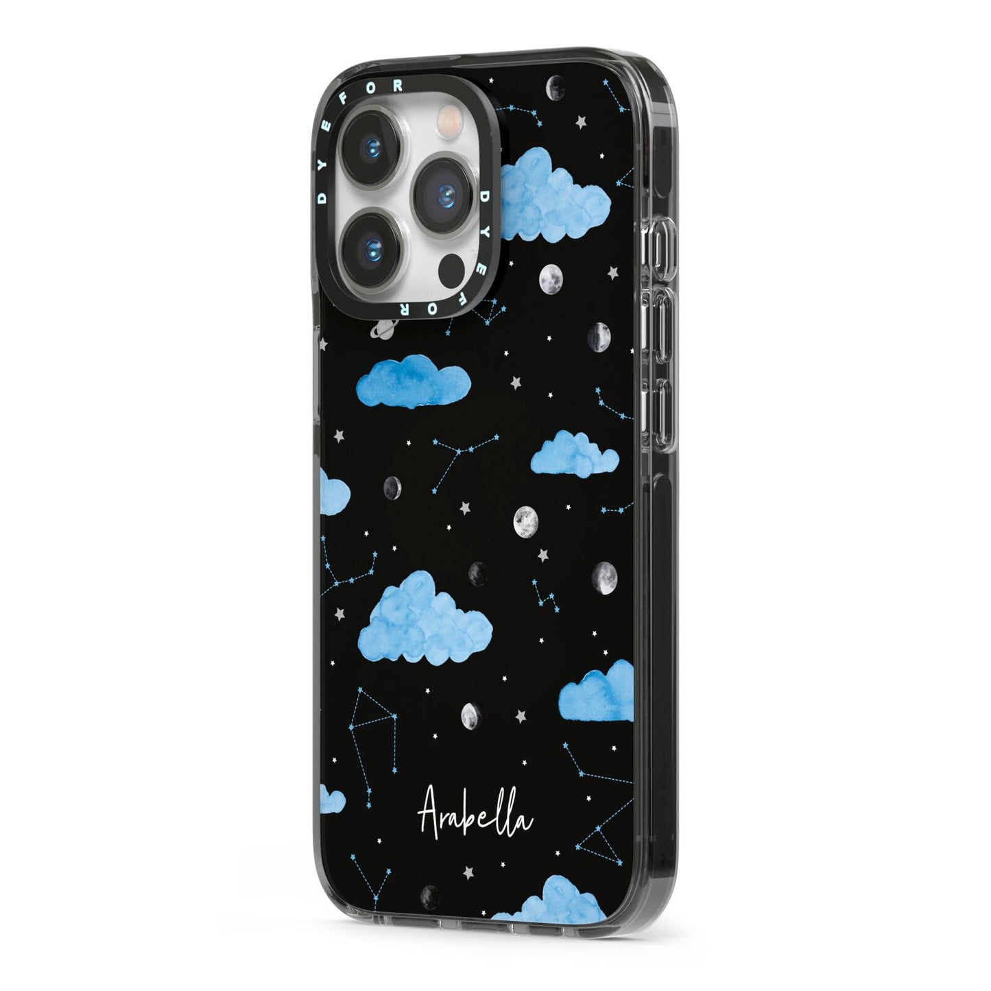 Cloudy Night Sky with Name iPhone 13 Pro Black Impact Case Side Angle on Silver phone
