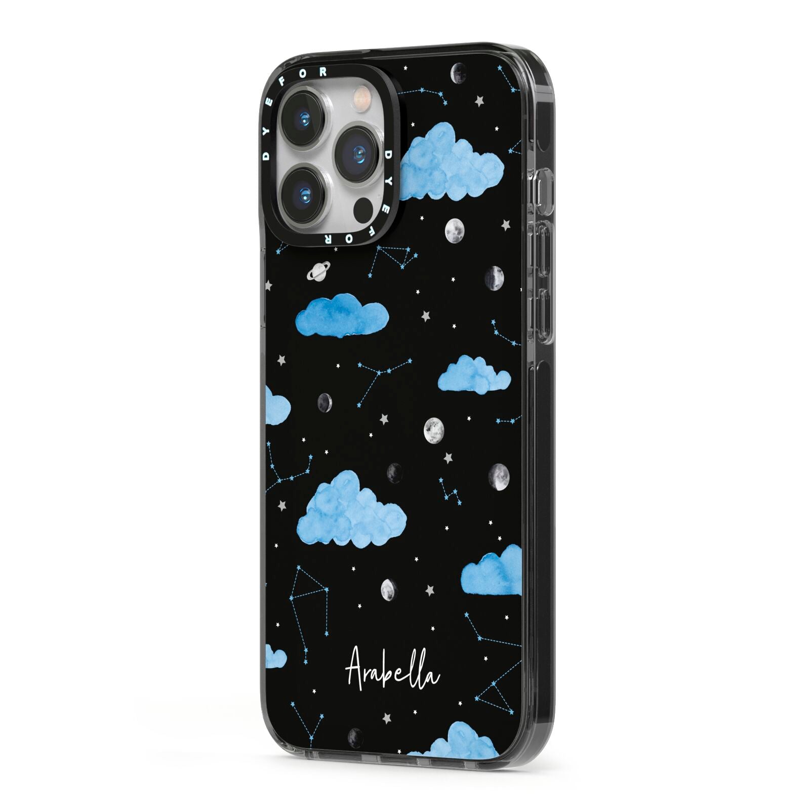 Cloudy Night Sky with Name iPhone 13 Pro Max Black Impact Case Side Angle on Silver phone