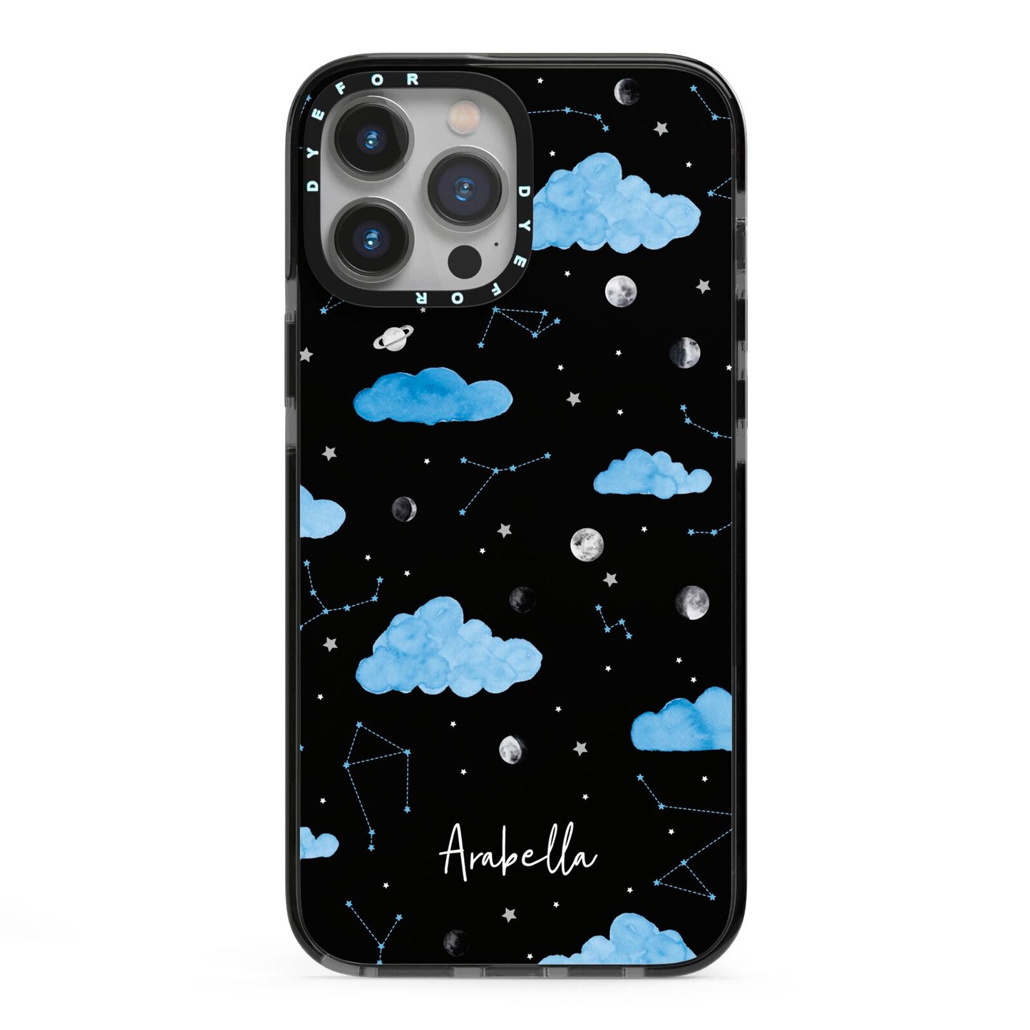 Cloudy Night Sky with Name iPhone 13 Pro Max Black Impact Case on Silver phone