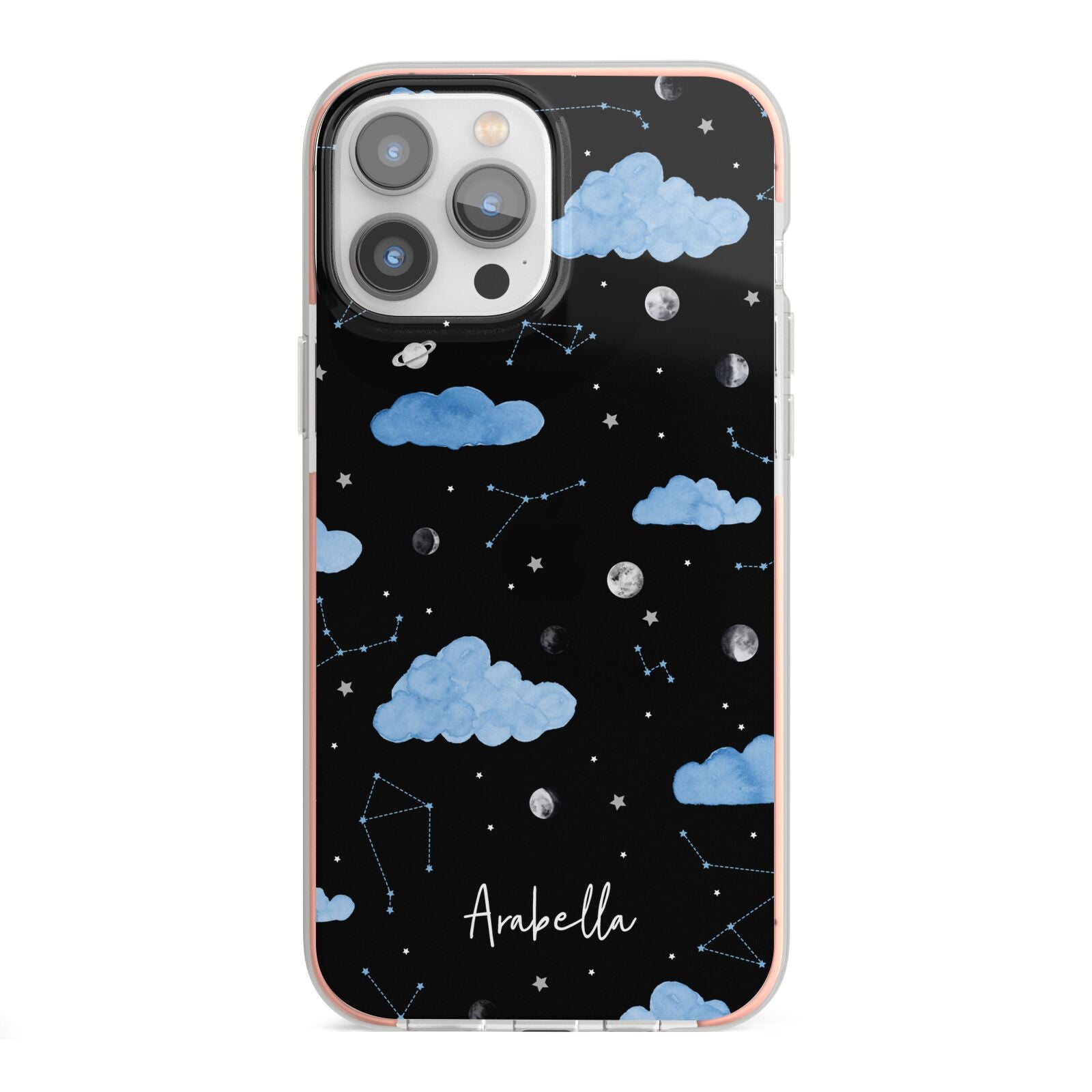 Cloudy Night Sky with Name iPhone 13 Pro Max TPU Impact Case with Pink Edges